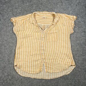 FAHERTY Top Womens L Yellow Stripe Linen Short Sleeve Relaxed Casual Beach Shirt